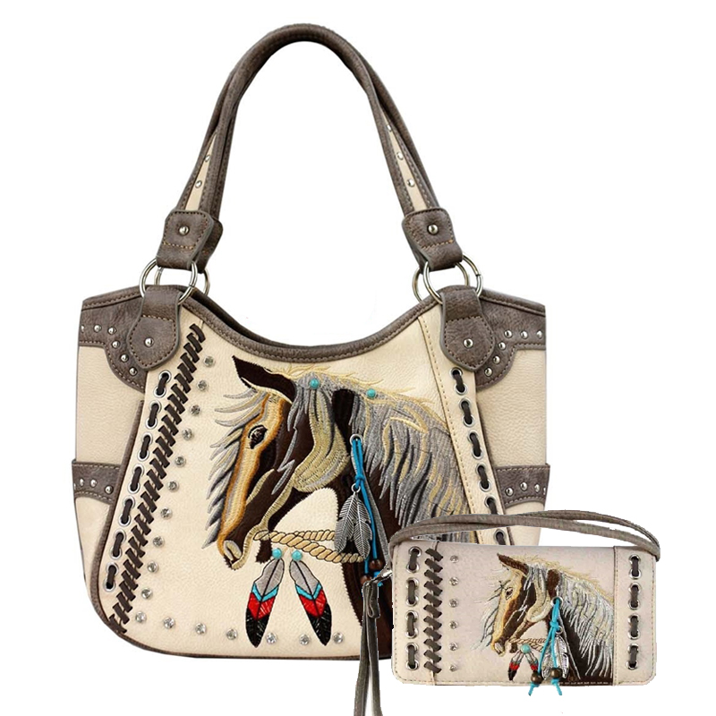 Beige Premium Horse Embroidery Concealed Handbag Set - G980W193 - Click Image to Close